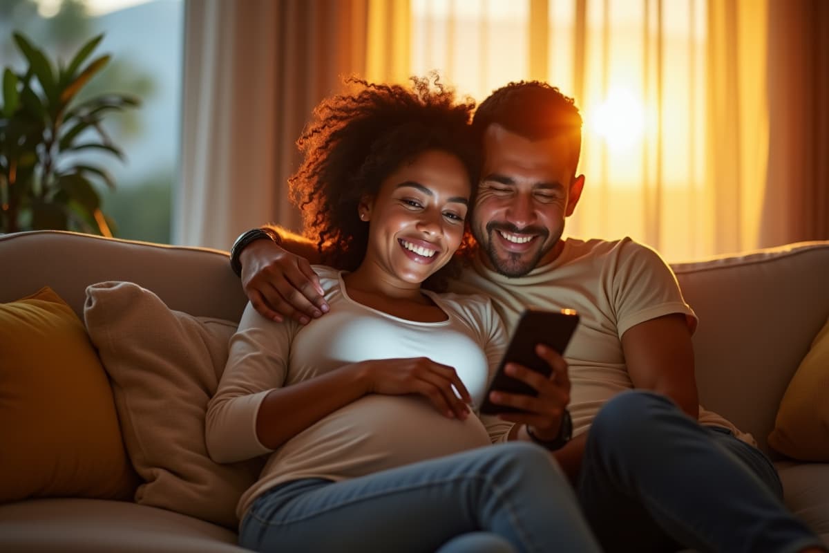 Casal brasileiro esperando bebê, olhando juntos para o celular com carinho
